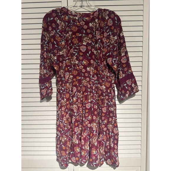 FRYE Women Midi Dress XL Burgundy Rocks Combo Bohemian Floral Long Sleeve  - Picture 5 of 8